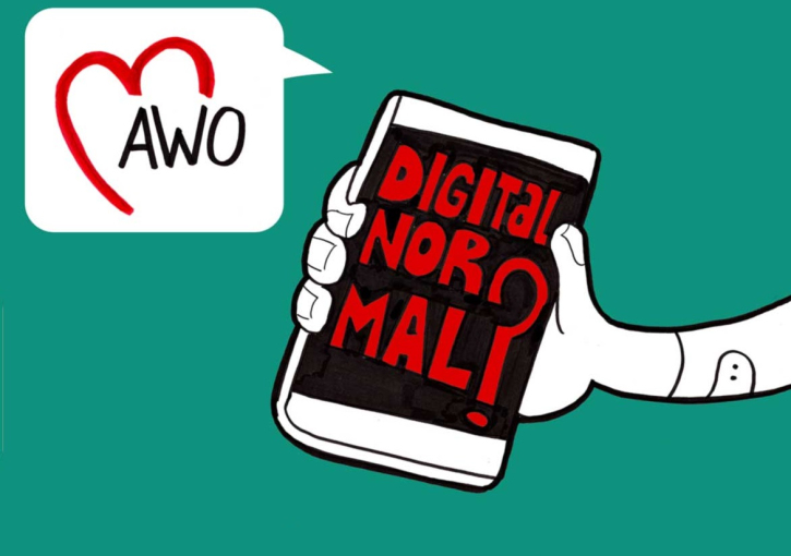 Hand im Comic-Stil auf grünem Hintergrund. Sie hält ein Smartphone auf dessen Bildschrim die Worte "Digital normal" abgebildet sind. Aus dem Smartphone kommt eine Sprechblase mit dem Logo der AWO, einem roten Herz mit dem Schriftzug "AWO".