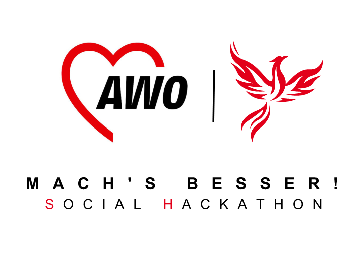 Logo des AWO Social Hackathon: Rotes AWO-Herz und daneben ein roter Phönix; darunter der Schriftzug "Macht's besser!"