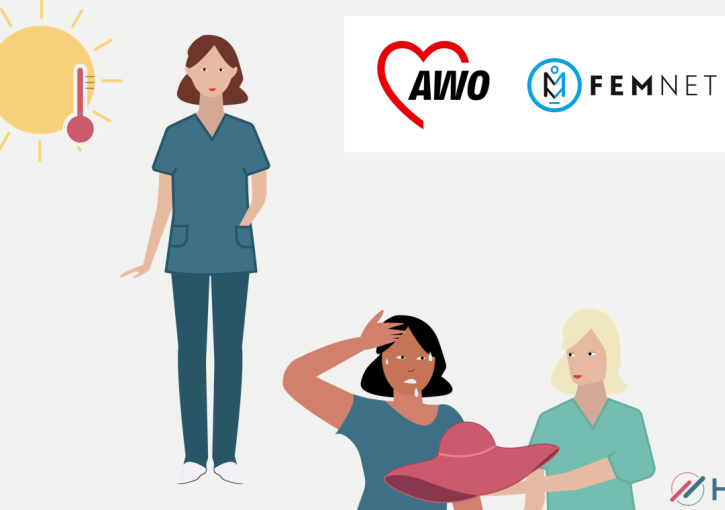 Drei Pflegerinnen in unterschiedlicher Kleidung. Sonne und Logos oben im Bild.