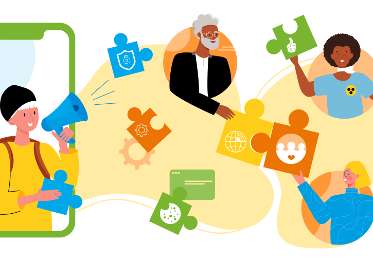 Comic über die Mitgestaltung digitaler Teilhabe: Das Bild zeigt die junge Person, die wir schon aus den vorherigen Comics kennen. Sie hält ein Megaphone und ein großes Puzzle-Stück in der Hand. Sie scheint aus einem Smartphone heraus zu weiteren Personen zu sprechen. Neben ihr sind drei weitere Personen abgebildet. Ein älterer Mann und zwei jüngere Frauen, eine davon blind, bauen Puzzteile zusammen. Die Puzzleteile sind mit Symbolen bestückt: Ein Zahnrad, ein Schloss, ein Daumen-Hoch-Emoticon, ein Cookie, 