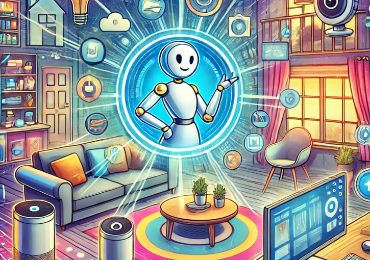 Comicbild einer Wohnung mit Roboter und smarten Geräten