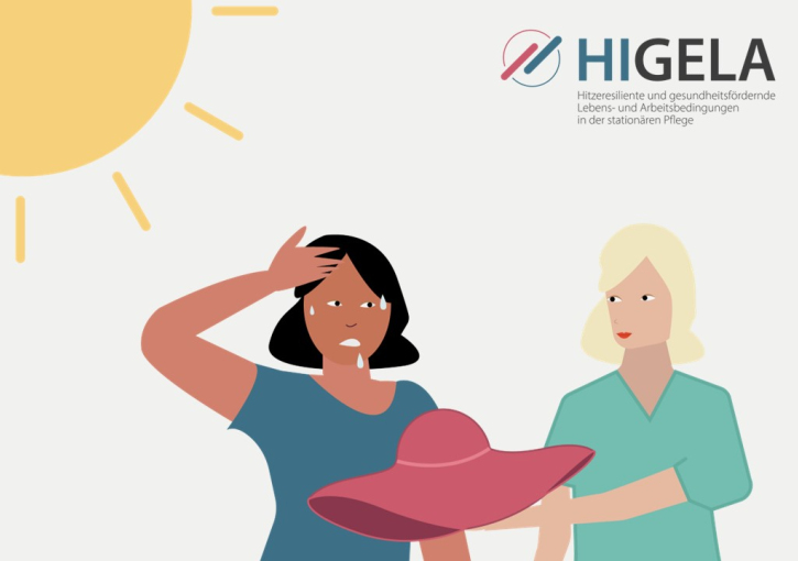 Oben Links ist eine Sonne zu sehen. In der Mitte eine Frau, die einer anderen Frau einen Hut gibt. Oben rechts das HIGELA Logo.
