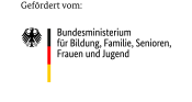 Schriftzug des Bundesministeriums neben Adler und Linie in Schwarz-Rot-Gold 